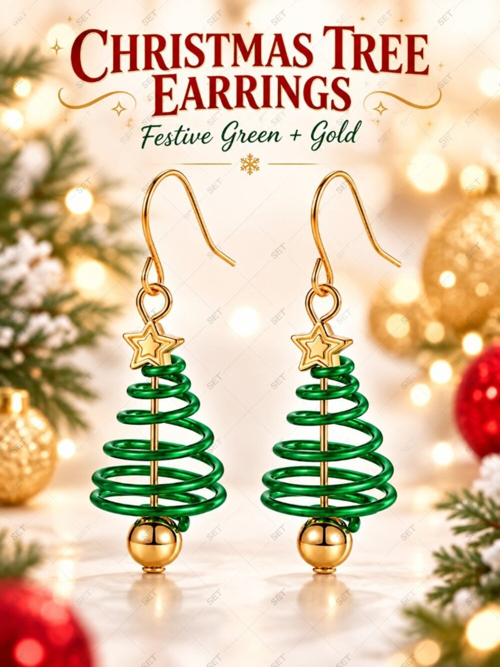 Green Spiral Christmas Tree Earrings | Gold Star Holiday Dangles
